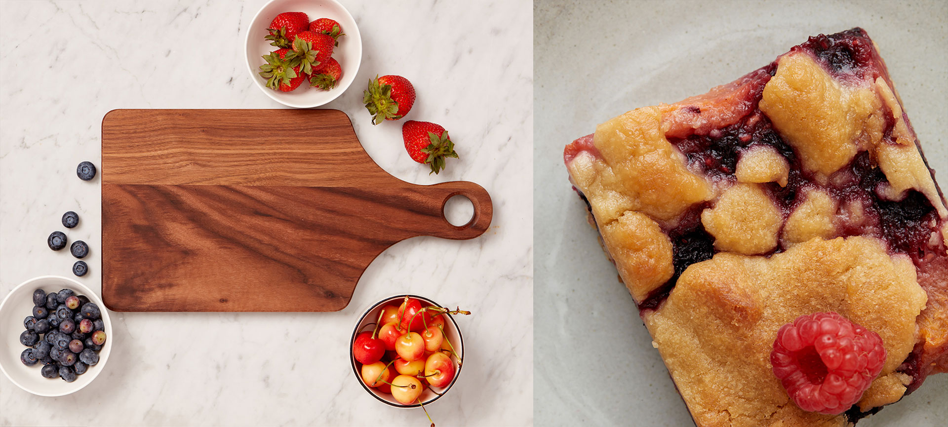 Wooden cutting board with fruit bowls and raspberry bar photographed by food and beverage photographer Kate Benson.