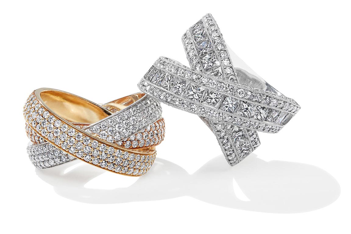 Fine jewelry photographer Kate Benson photographed styled stacked diamond rings.