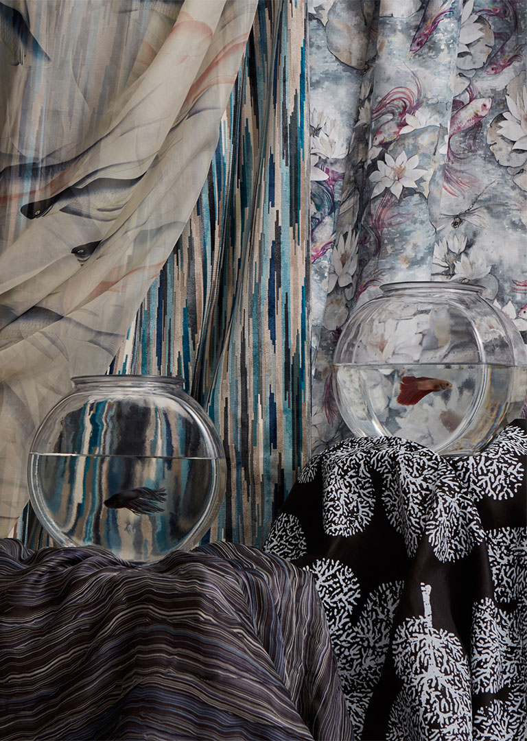 Fish and ocean themed fabrics with beta fish photographed by professional product photographer Kate Benson.