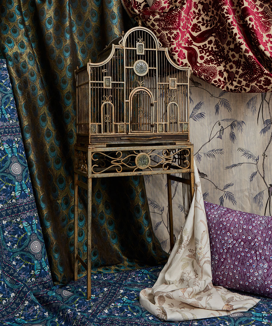 Bird and feather fabric with birdcage photographed by professional product photographer Kate Benson.