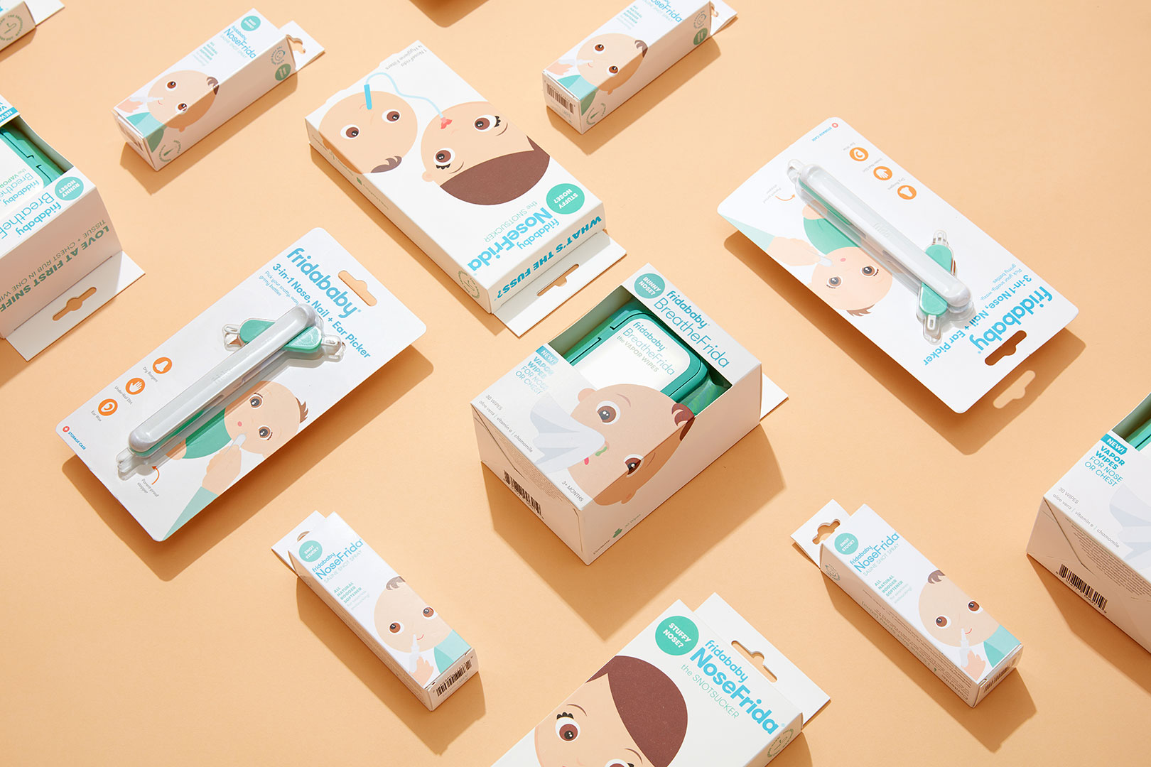 Baby product packaging creative overhead styled and photographed by professional advertising product photographer Kate Benson.