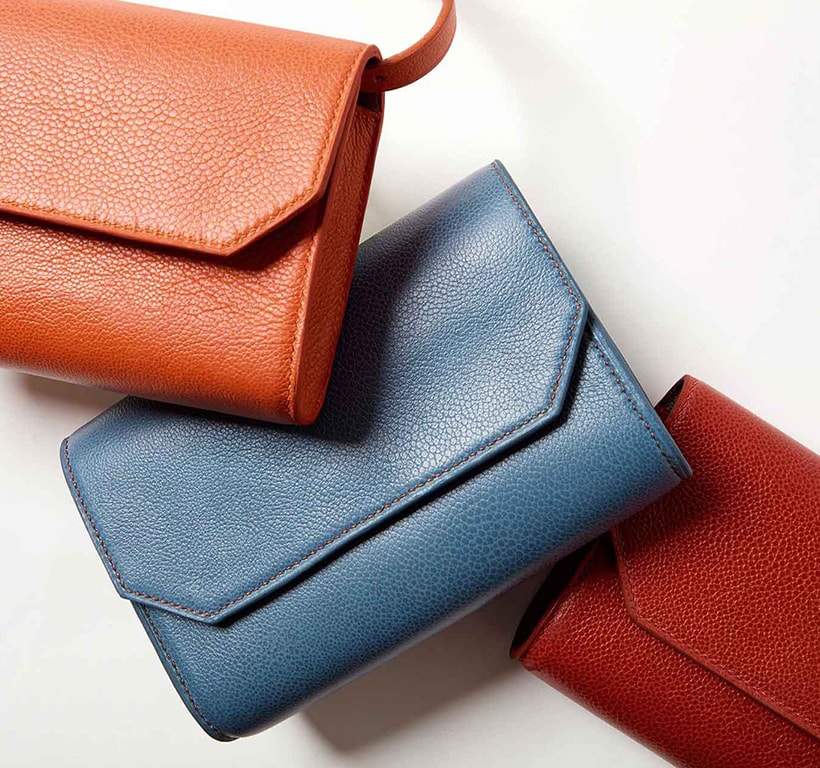 Accessories still life photographer Kate Benson photographed leather purses.