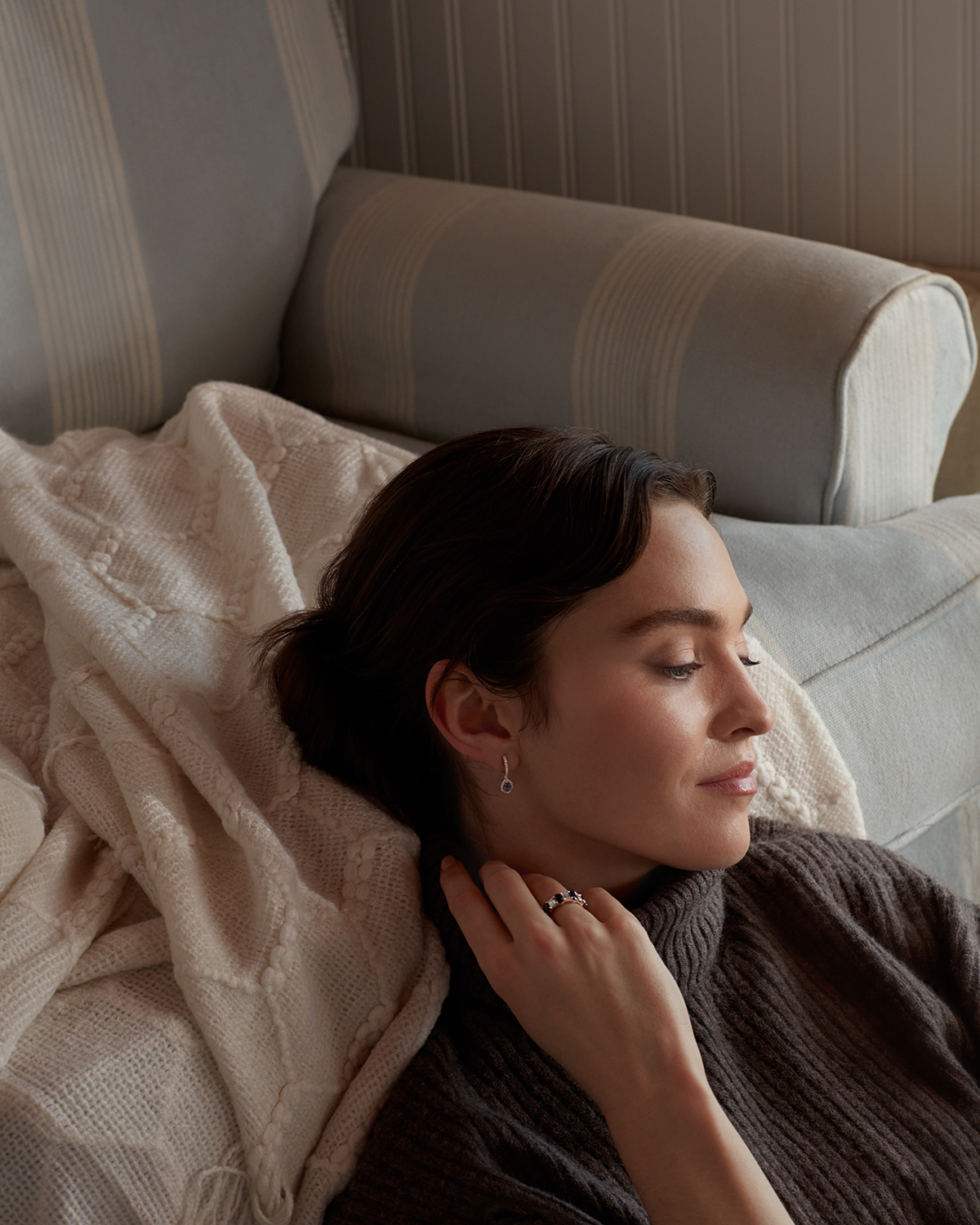 Brand narrative product lifestyle stills photographer boston portland NYC laying on couch